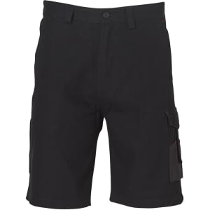 Black heavy-duty work shorts featuring cargo pockets and a classic fit, with a button fastening and no visible branding.