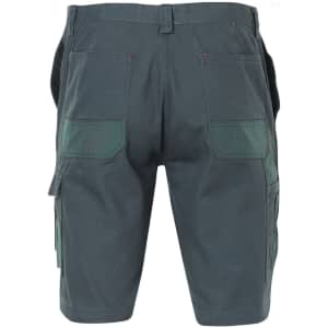A pair of green cargo shorts with multiple pockets and a waistband, featuring a logo.