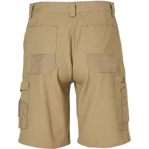 Cargo work shorts in khaki with multiple pockets at the back and sides. Includes a logo on one of the pockets.