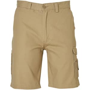 Heavy duck weave cargo shorts in beige with multiple side pockets. Features a button closure and logo branding.