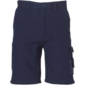 A pair of navy blue cargo shorts featuring side pockets and a button closure, with a logo on the waistband.