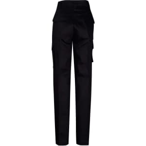 Black long fit work pants with multiple pockets and a logo at the waistband. Rear view displayed.