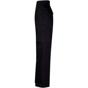 Black long-fit work pants featuring a drill pant pocket on the leg and a logo.