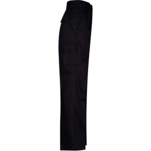 Black work pants featuring a drill pant pocket on the leg and a long fit design. Includes a branded logo.