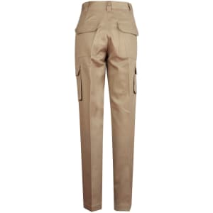 Long-fit work pants in khaki featuring multiple pockets on the legs and a rear view showcasing the design.