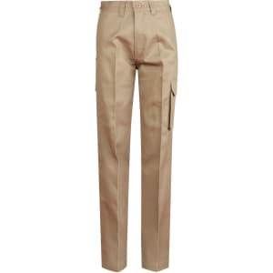 A pair of long fit, beige work pants with a side pocket and a logo. Suitable for workwear.