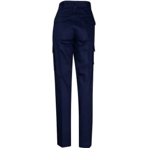 Navy blue work pants featuring side pockets, suitable for various work environments. Includes a logo.