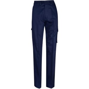 Navy blue long work pants featuring a drill pant pocket on the leg. The design includes multiple pockets for utility.