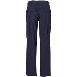 Navy cargo pants featuring multiple pockets and a standard fit, with a logo on the back.
