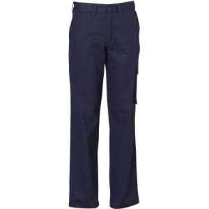 Navy cargo pants with pockets, featuring a button and zipper closure. Includes a branding logo on the waistband.