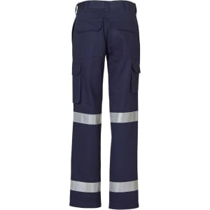 Heavy cotton cargo pants in navy blue with reflective 3M tape for visibility. Features multiple pockets and a back view.
