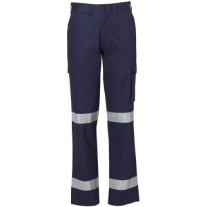 Heavy cotton drill cargo pants in navy blue with reflective 3M tape detailing and pockets, featuring a brand logo.