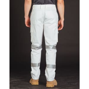White work pants featuring reflective strips, cargo pockets, and a logo on the back. Designed for night safety.