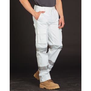White work pants with reflective strips, featuring cargo pockets and a logo, worn with tan boots.