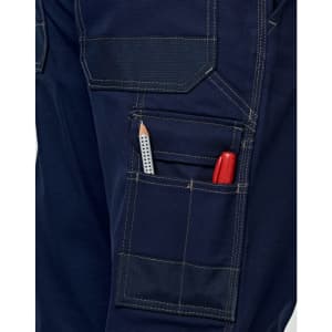 Light weight semi-fitted Cordura work pants in navy, featuring pockets with a pencil and marker visible. Includes a logo.