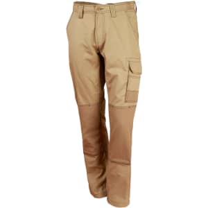 Light weight semi-fitted Cordura work pants in a tan colour, featuring multiple pockets and a logo branding.