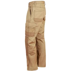 Lightweight semi-fitted khaki work pants featuring multiple pockets and a branding logo.