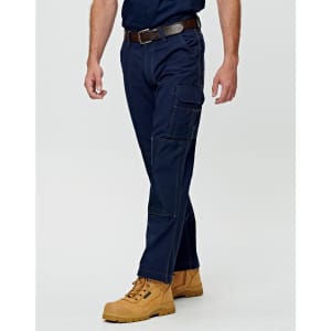 Lightweight semi-fitted work pants in navy blue with pockets, paired with tan work boots and a brown belt.