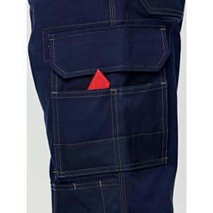 Navy blue semi-fitted Cordura work pants featuring multiple pockets, including a visible pocket with a red item.