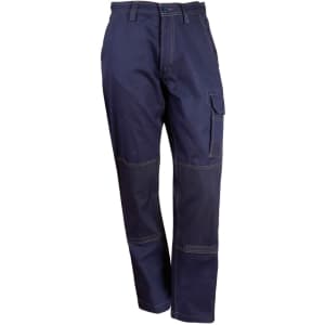 Lightweight semi-fitted work pants in navy blue with contrasting stitching and a side pocket. Features a logo.