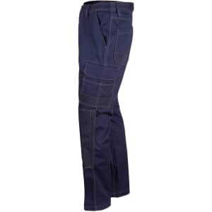 Lightweight semi-fitted navy work pants with multiple pockets and contrasting stitching. Includes a branding logo.