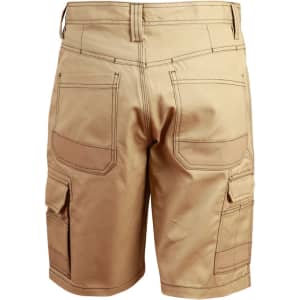 Lightweight semi-fitted Cordura work shorts in a khaki colour, featuring multiple cargo pockets and a logo.
