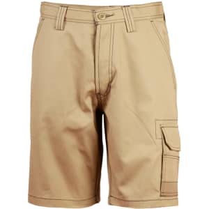 Light weight semi-fitted cargo shorts in a tan colour, featuring multiple pockets and a branded logo.