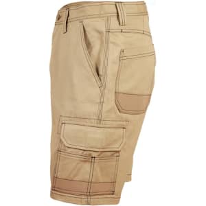 Light weight semi-fitted cargo shorts in khaki, featuring multiple pockets and a logo on the fabric.