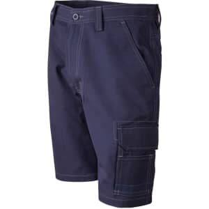 Lightweight semi-fitted work shorts in navy blue with cargo pockets and contrasting stitching. Features a logo.