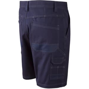 Lightweight semi-fitted navy work shorts with multiple pockets and a branding logo.