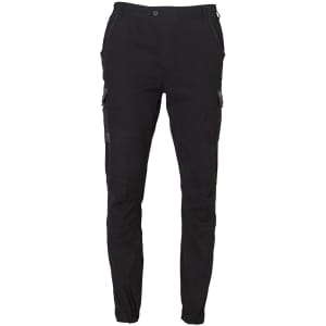 Black work pants featuring multiple pockets and a fitted design, with a logo on one side.