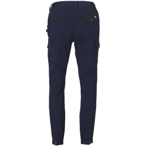 Navy workwear pants with black detailing, featuring multiple pockets and a branded logo.