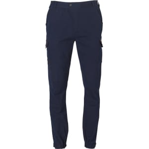 A pair of navy work pants with cargo pockets and an elasticated cuff, featuring a logo on the waistband.