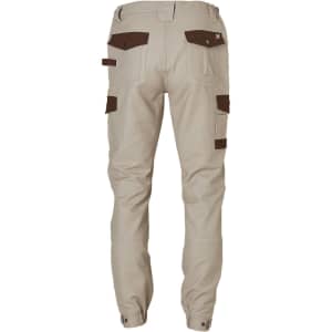 Beige workwear pants featuring brown accents and multiple pockets, with a logo on the back.