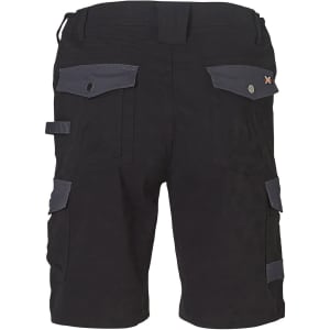 Black work shorts featuring grey accents, side pockets, and a back design. Includes branding on the product.
