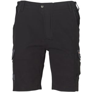 Work shorts in black with multiple pockets and a durable design. The garment features a logo on the side.