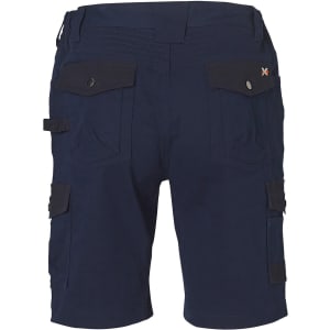 A pair of navy work shorts featuring multiple pockets and a logo on the waistband.