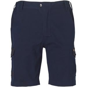 Navy blue work shorts featuring a front fastening, pockets, and a logo.