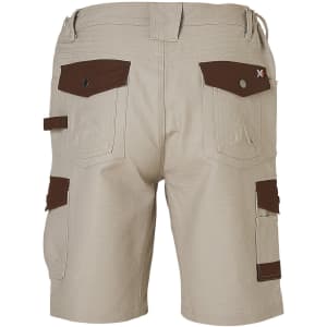 Beige work shorts featuring brown accents and pockets, with a logo on the back.