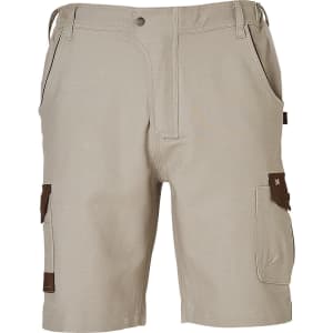 A pair of light beige work shorts featuring multiple pockets and contrasting brown accents, with a brand logo.