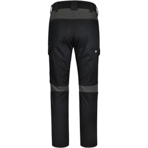 Black work pants with grey accents, featuring cargo pockets and a logo. Ideal for durability and comfort in workwear.