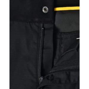 Black work pants featuring a zip and button closure, with a contrasting yellow detail at the waistband.
