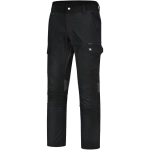 Black Rip-Stop poly/cotton stretch work pants with multiple pockets and a logo. Suitable for workwear.