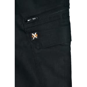 Black rip-stop poly/cotton stretch work pants featuring a zip pocket and a logo on the fabric.