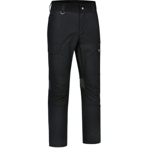A pair of black work pants featuring rip-stop fabric, pockets, and a logo on the side.