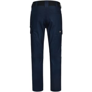 Navy stretch work pants with a fitted design, featuring multiple pockets and a logo on the back.