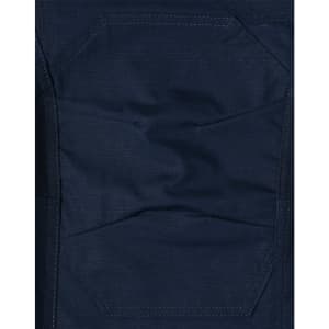 A close-up of dark navy rip-stop poly/cotton stretch work pants, featuring textured fabric and detailed stitching.
