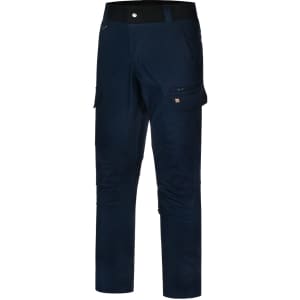 Navy blue poly/cotton stretch work pants with pockets and a logo. Suitable for workwear.