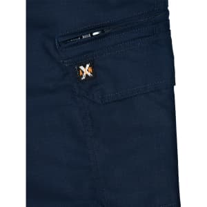 A pair of navy blue work pants featuring a zip pocket and a branded logo. Made from rip-stop poly/cotton stretch material.