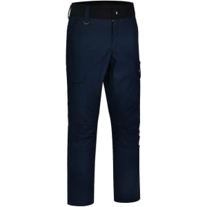 Navy work pants made of rip-stop poly/cotton blend, featuring pockets and a secure waistband.